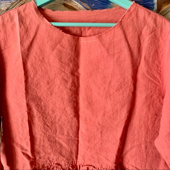 LenokLINEN Loose Ruffle Linen Blouse Coral S - Picture 4 of 11